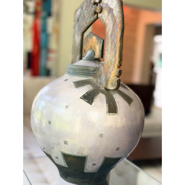 Large Vintage Gerald & Kelly Hong Signed Raku Ceramic Vessel Postmodern Vessel Lidded Jar 18" For Sale In Nashville - Image 6 of 17