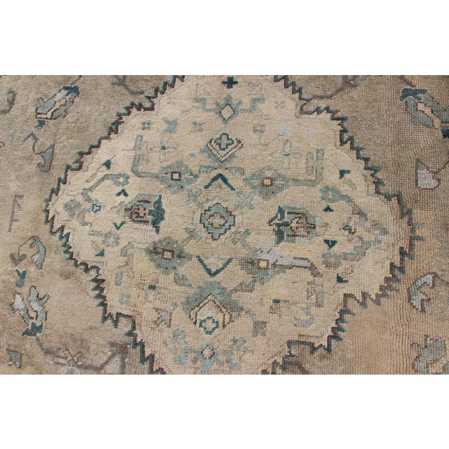 Textile Neutral Antique Oushak Carpet in Shades of Teal, Green, Khaki, Taupe and Butter 11'4 X 14'3 For Sale - Image 7 of 10