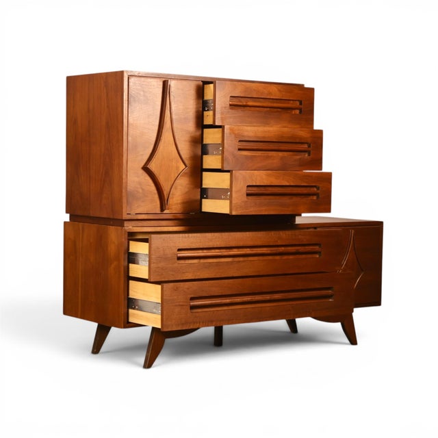 Specialty Woodcraft Sculpted Diamond Vintage Mid Century Modern Stacking Highboy Dresser C. 1960s, Attributed For Sale - Image 10 of 15