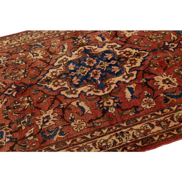 Turkish Mid-20th Century Vintage Turkish Anatolian Oushak Rug With Terracotta & Indigo Floral Medallion For Sale - Image 3 of 9