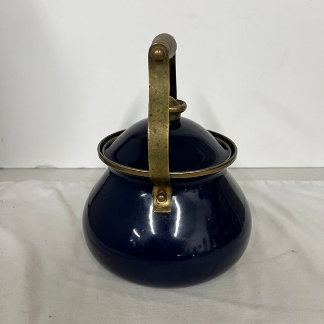 Late 20th Century Colbalt Blue Enamel and Brass Tea Pot For Sale - Image 5 of 7