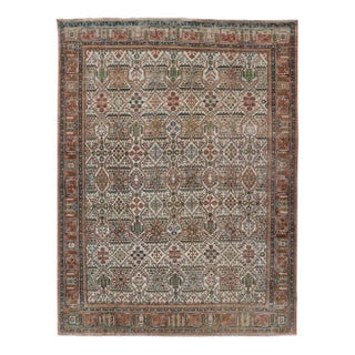 Antique Persian Joshegan Rug in Ivory Background With Blue, Green, & Copper For Sale