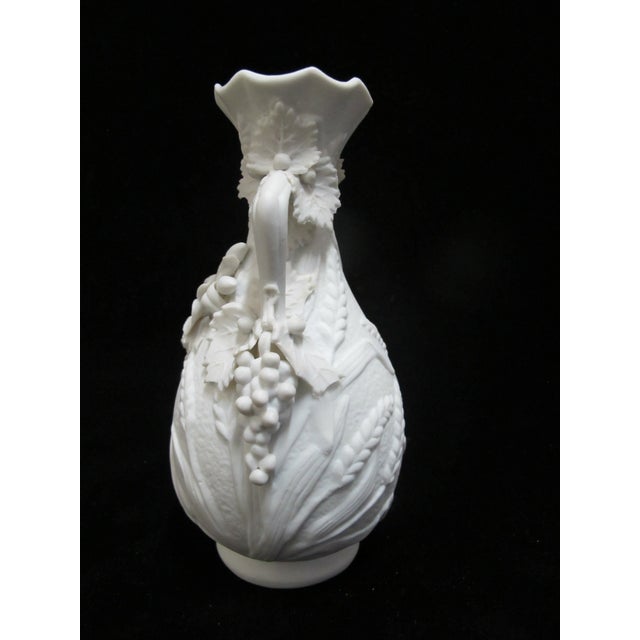 White Parian Bisque Porcelain Raised Wheat & Grape Pattern Handled Vase Pair For Sale - Image 9 of 11