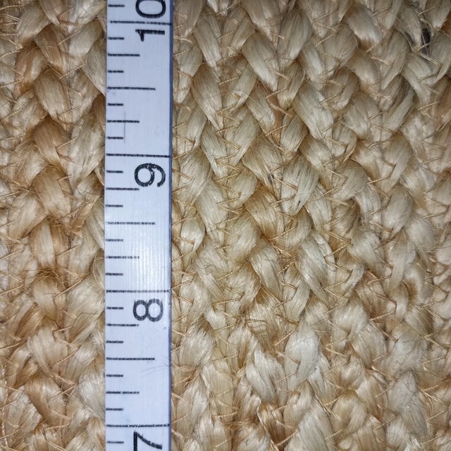 Handwoven Natural Jute Bath Rug With Sky Blue Scalloped Border For Sale - Image 9 of 9