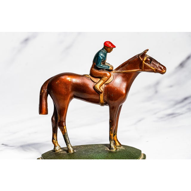 Colorful Horse Jockey Antique Cold Painted Bronze Sculpture Statue Bookends Equestrian For Sale - Image 4 of 18