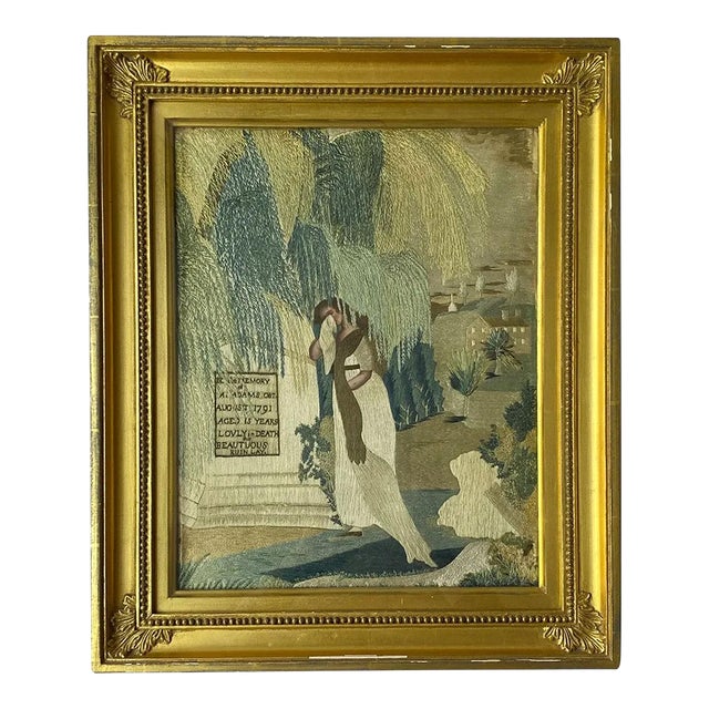 American New England School Silk and Needlework Mourning Picture to A. Adams For Sale