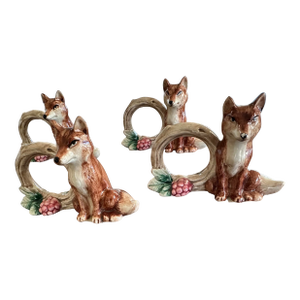 1990's Fitz & Floyd Reynard the Fox With Log Woodland Floral Ceramic Napkin Rings - Set of 4