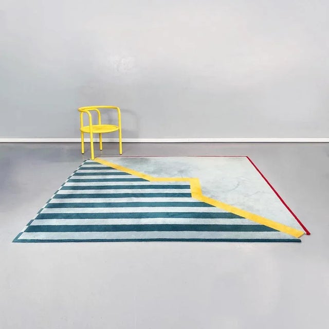 Italian mid-century Square short pile carpet in blue, green, yellow and red fabric, 1980s Square short pile carpet. The...