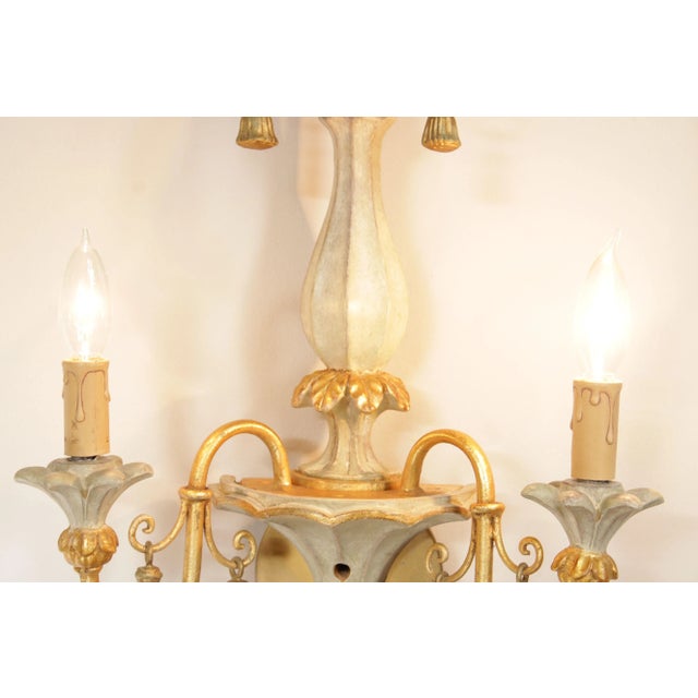 Italian Hollywood Regency Pair Parcel Gilt 2-Light Wall Sconces For Sale - Image 9 of 12