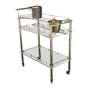 Mid-Century Modern Lucite & Gold Gilt Metal Serving Tray Cart Ice Bucket