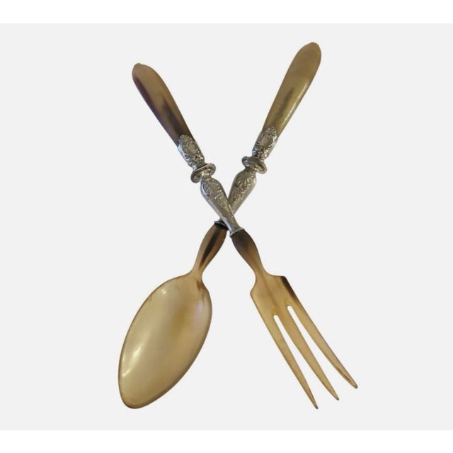 1910s French Art Deco Horn & Silver Salad Servers - Pair For Sale - Image 4 of 12