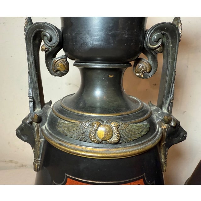 Antique Egyptian Revival Figural Bronze Marble Urn Ewer Table Lamps - a Pair For Sale - Image 13 of 18