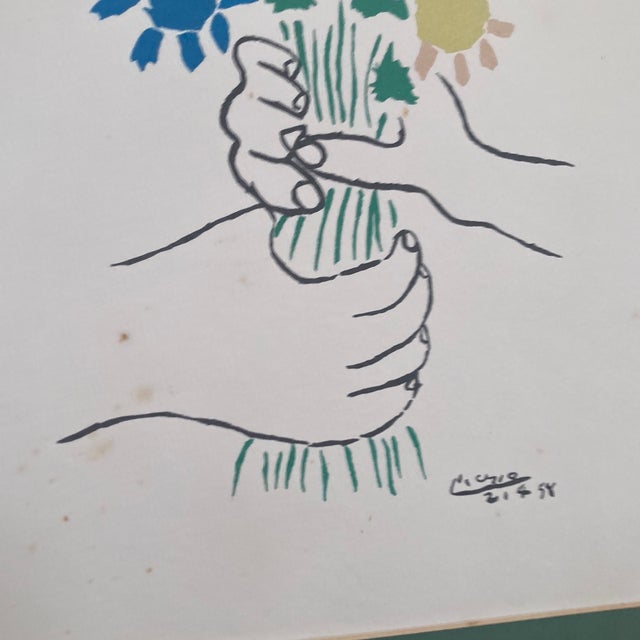 Printmaking Materials After Picasso's 1958 "Bouquet of Peace" Mid-Century Modern Vintage Lithograph Print - Gold Metal Frame For Sale - Image 7 of 12