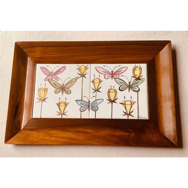 Aida Whedon Mid-Century Modern Porcelain & Cherry Wood Decorative Tray - Butterflies & Botanical Design For Sale - Image 12 of 15