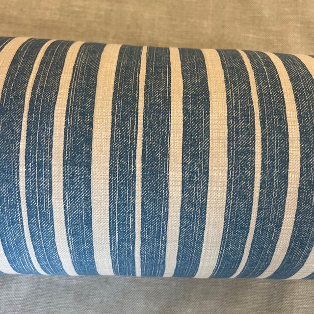 English Custom Round Bolster Pillow in a Chic English Fermoie Cotton Stripe For Sale - Image 3 of 3