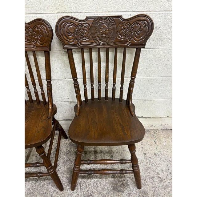 Traditional Vintage Oak Lion Head Press Back Traditional Dining Chairs - Complete Set of 4 For Sale - Image 3 of 11