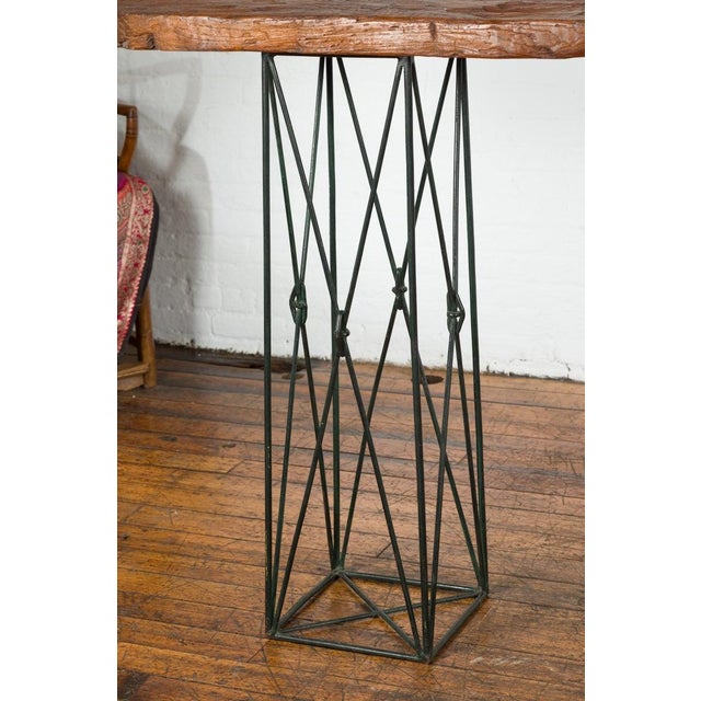 Wood Contemporary Console Table with Reclaimed Wood Top & Metal Bases For Sale - Image 7 of 12