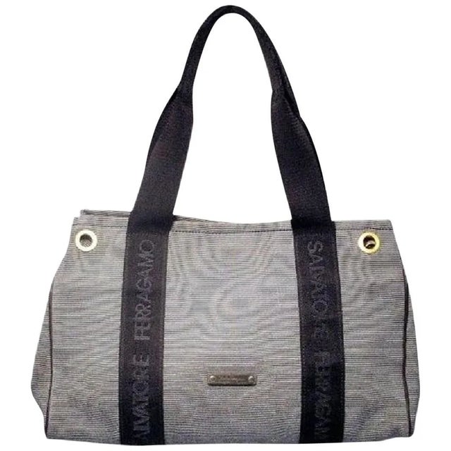 Early 21st Century Salvatore Ferragamo Vintage Nautical Striped Navy Canvas Tote For Sale - Image 5 of 5