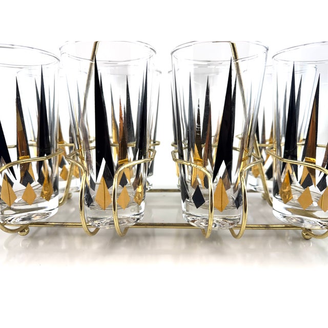 1960s Mid-Century Modern Atomic Black & Gold Highball Glasses With Brass Carrier - Set of 8 For Sale - Image 4 of 12