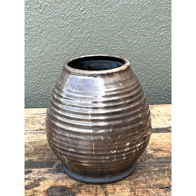 Greige Vintage Original Rippled Studio Pottery Vase For Sale - Image 8 of 12