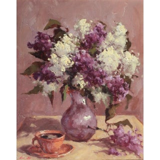Lilac Still Life Oil Painting, Original Soviet Art, Ukrainian Artist 50-40 For Sale