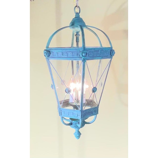 1970s Vintage Style Solid Brass Verdigris Hanging Lantern - Restored & Rewired / 23”h For Sale - Image 5 of 18