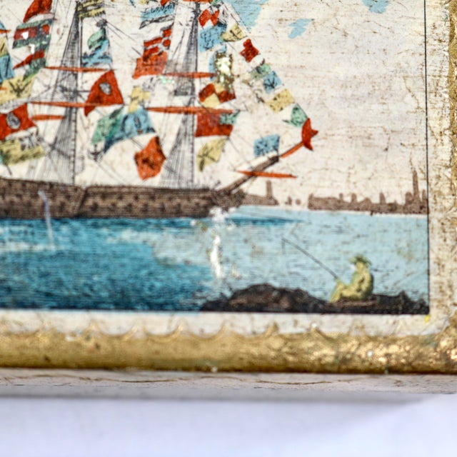Early 20th Century Florentia King's Ship Dressed With Flags of Different Nations Decoupage Gilded Wooden Box For Sale In Cincinnati - Image 6 of 15