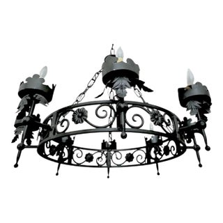 1960s Large Spanish Revival Metal Forged Black Chandelier For Sale