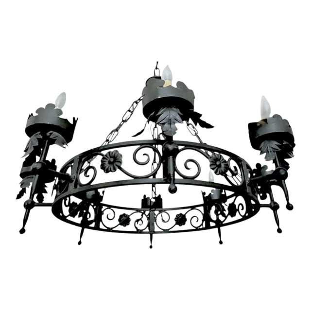 1960s Large Spanish Revival Metal Forged Black Chandelier For Sale