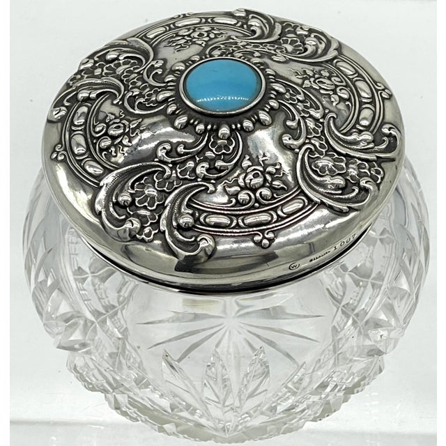 Traditional American Brilliant Cut Glass, Sterling & Turquoise Dresser Jar, by Whiting For Sale - Image 3 of 9