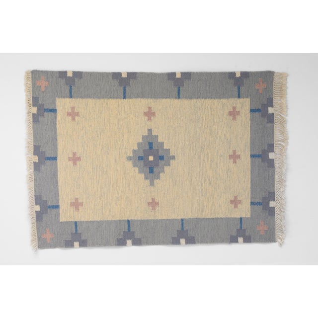 Textile Swedish Blue and Cream Kilim, 1960s For Sale - Image 7 of 7