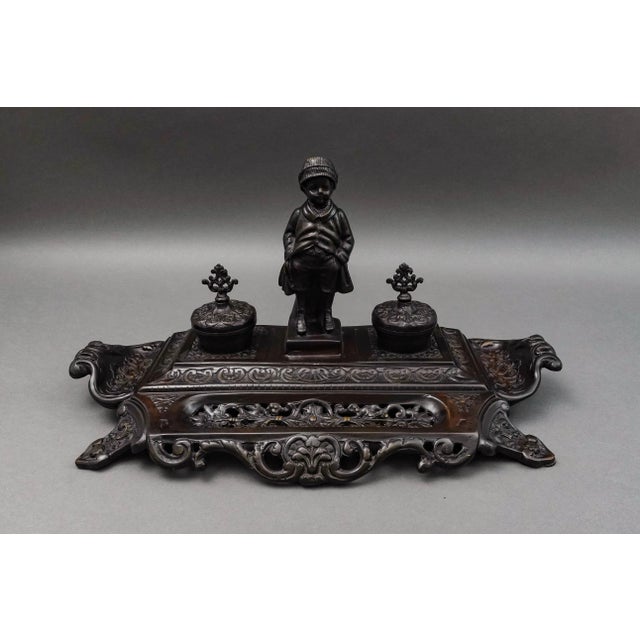 Maitland - Smith Maitland-Smith Vintage Ornate Heavy Cast Bronze Desk Double Inkwell With Child For Sale - Image 4 of 8