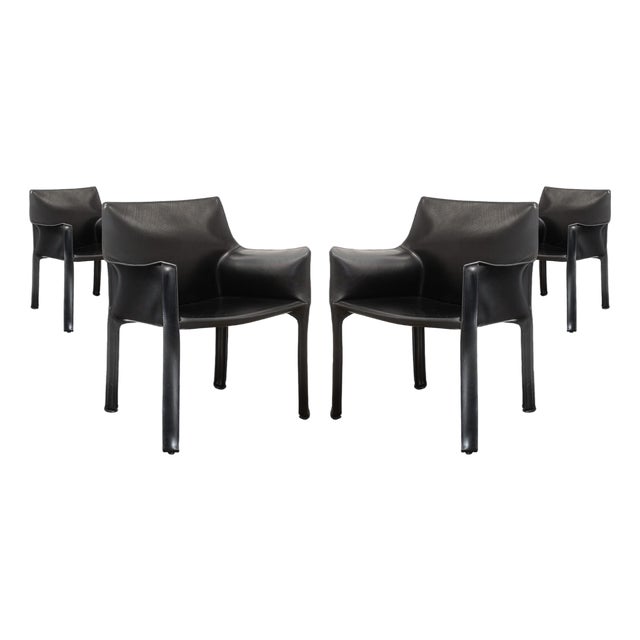 Set of 4 Mario Bellini for Cassina Cab 413 Black Leather Modern Dining Armchairs For Sale