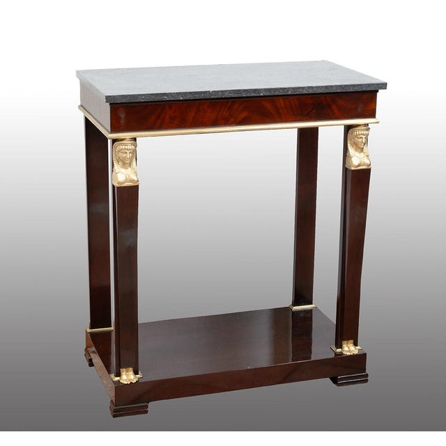 Antique 19th Century Return from Egypt Console Table in Mahogany Veneer with Belgian Marble Top, France For Sale - Image 4 of 8