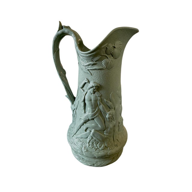 Mid 19th Century Rare Sea Foam Green Edward Walley Relief-Molded Pitcher, C. 1860s — Staffordshire Parian Ware — 9.5” For Sale - Image 5 of 7