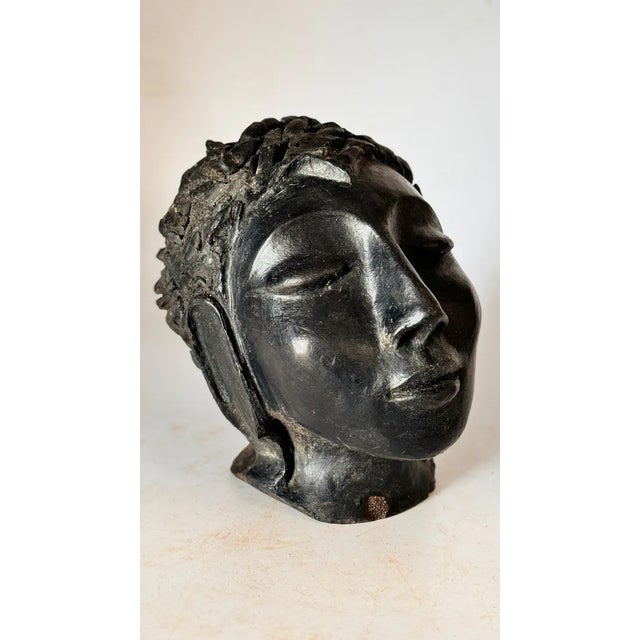 Black Art Deco Terracotta Sculpture in Black Color Woman Head, France, 1940s For Sale - Image 8 of 9