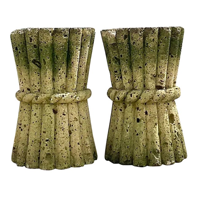 Mid 20th Century Vintage Boho Cut Coquina Stone Bamboo Table Pedestals - a Pair For Sale