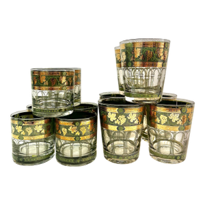 Mid 30th Century Cera “Golden Grapes Green” Cocktail Glassware - Set of 12