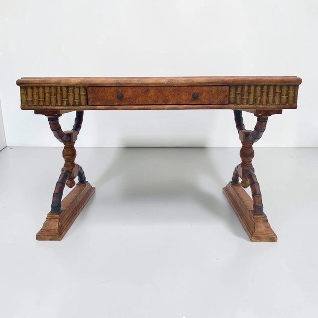Wood 1970s Woven Rattan Victorian Style Faux Bamboo Desk For Sale - Image 7 of 10