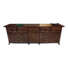 Large Spanish Rustic Carved Wood Credenza For Sale