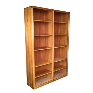 1970s Mid-Century Modern Tall Oak Double Bookcase For Sale