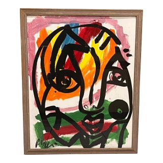 Late 20th Century Attributed to Peter Keil Signed Neo-Expressionist Abstract Portrait Painting, Framed For Sale