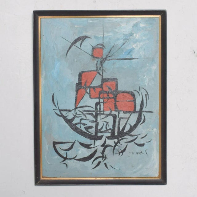 For your consideration: Mid Century Abstract Art Oil Painting Boat -1960s Dimensions: 9.25"w x 12"h x .5"d Oil on Board....