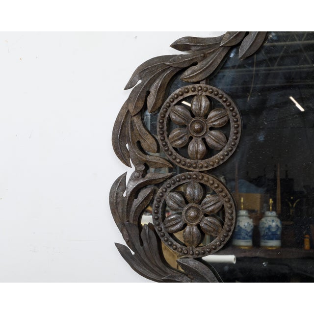 Spanish 19th Century Metal Wall Mirror with Rosettes, Foliage and Dark Patina For Sale - Image 11 of 12