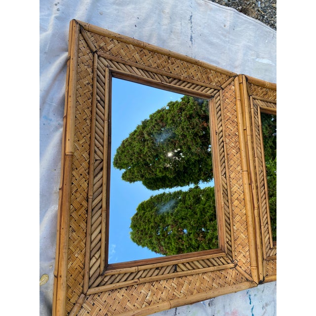 Hollywood Regency Pair of Vintage Woven Bamboo & Rattan Wall Mirrors — Tropical Coastal Hollywood Regency, 30" X 24" For Sale - Image 3 of 9
