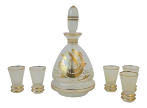 Vintage Liquor Decanter and Shot Glasses With Gold Nautical Design - Set of 6