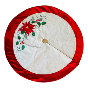 Vintage 20 Th C Linen Tree Skirt With Poinsettia Applique