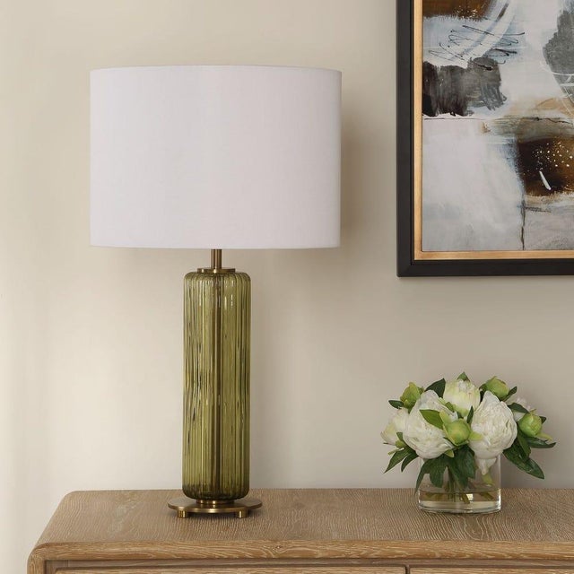 Not Yet Made - Made To Order Green Glass/Brass Table Lamp With Shade For Sale - Image 5 of 8