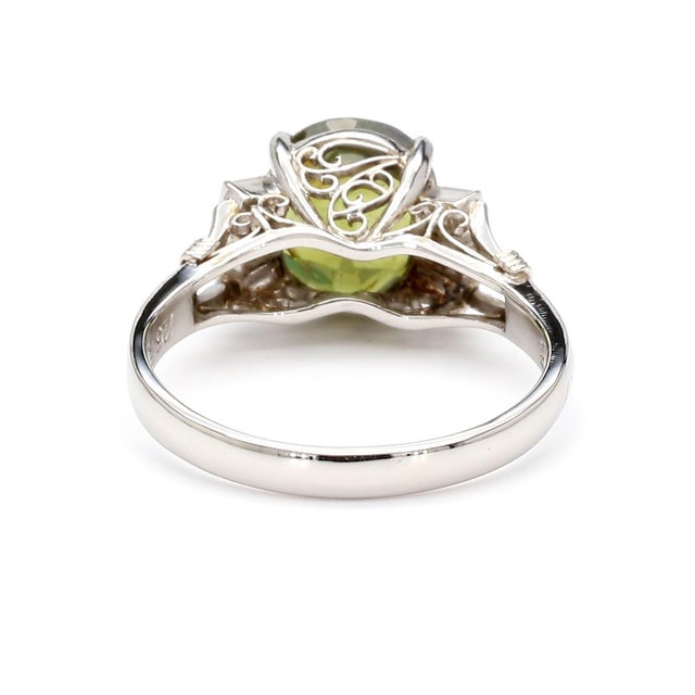 Green Gia Certified 2.62 Carat Oval Green Alexandrite & Diamond Platinum Vintage Ring, Size 5.75 For Sale - Image 8 of 12