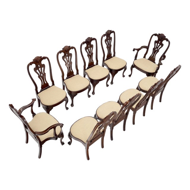 Set of 10 New Linen Upholstery Walnut Dining Chairs by Henredon Mint For Sale